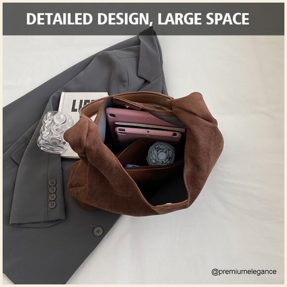 Faux Suede Hobo Tote Bag Large Capacity Everyday Purse - Picture 6 of 7